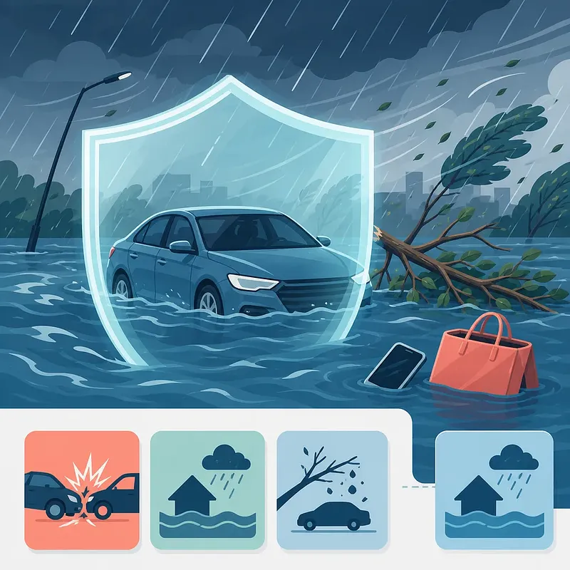 Escudo alrededor de un auto inundado bajo lluvia y viento, con un árbol caído y objetos flotando