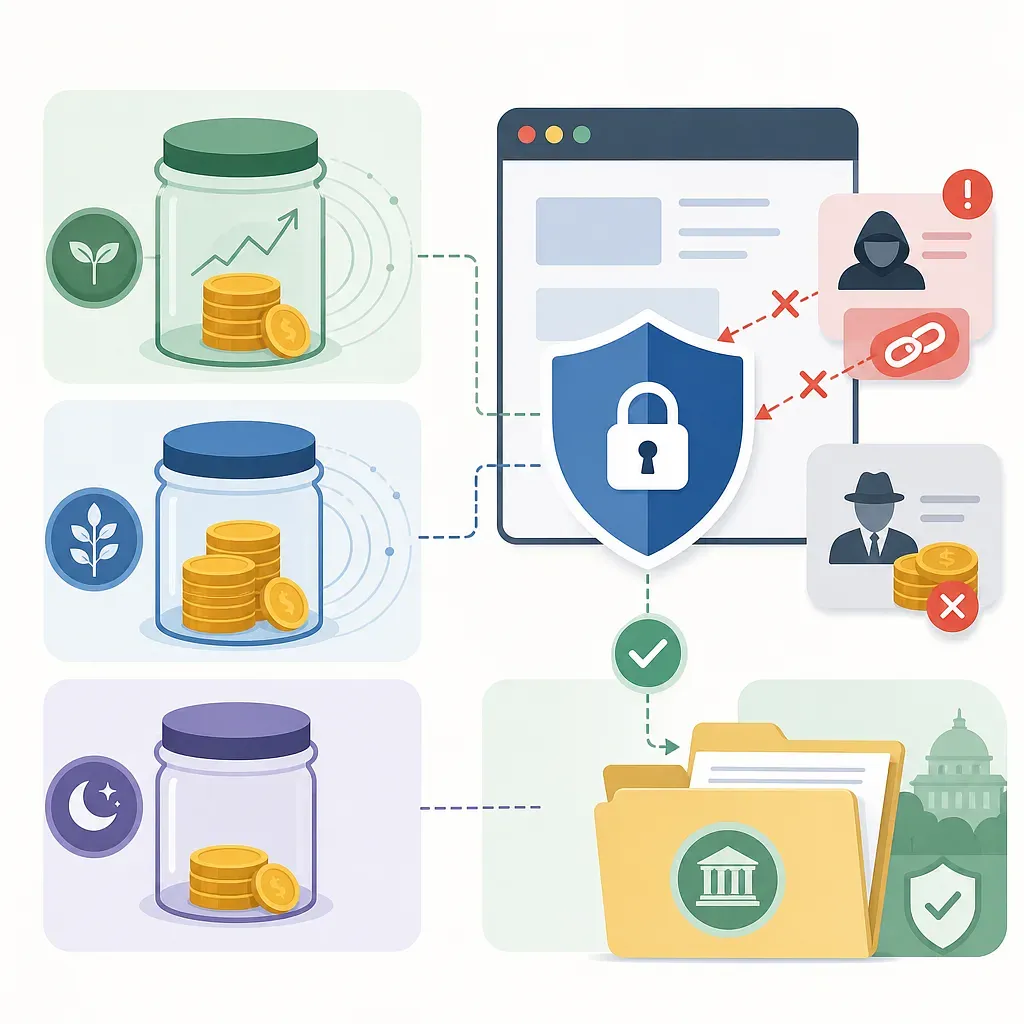 Savings jars linked to a secure browser, blocked fraud attempts, and a government document folder