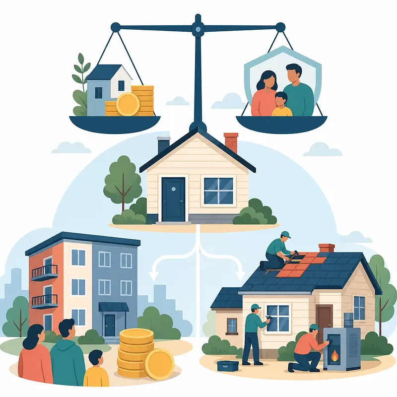 Housing benefit illustration with a balance, coins, a protected family, rental housing, and home repairs