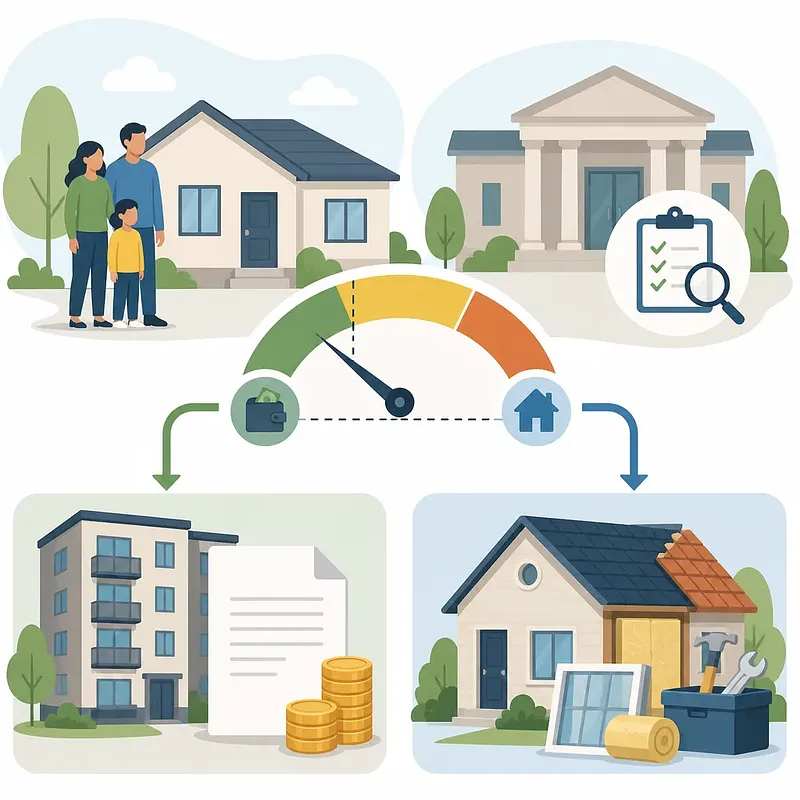 Infographic with a family home, eligibility gauge, rent support, and home repair tools