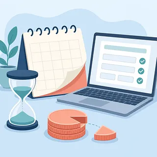 Calendar, hourglass, laptop with an online form, and a pie chart with a 5% slice removed