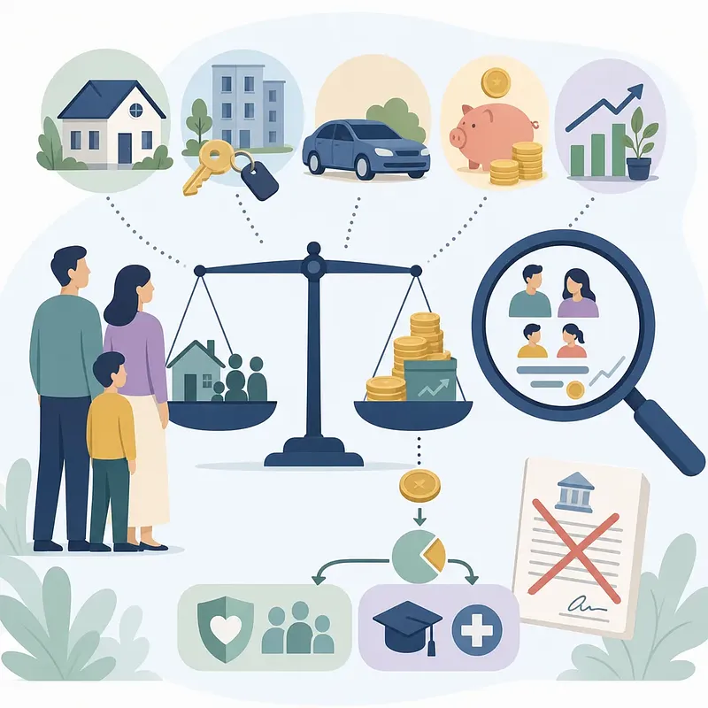 家族、住宅や車などの資産、硬貨、天秤、虫眼鏡、給付を表すイラスト