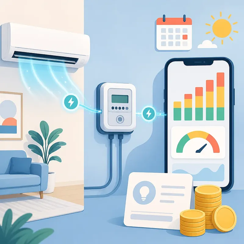 Aire acondicionado, medidor eléctrico, móvil con gráficos de consumo y monedas