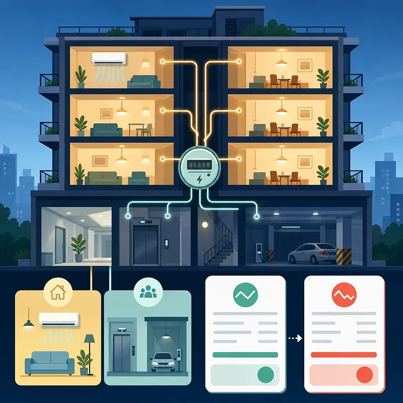 集合住宅の各住戸と共用設備が電力メーターにつながり料金明細が比較されるイラスト