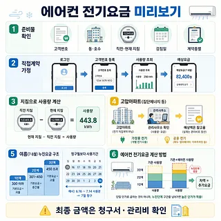 에어컨 전기요금 미리보기 준비물, 사용량 조회, 계량기 계산과 누진요금 안내 인포그래픽