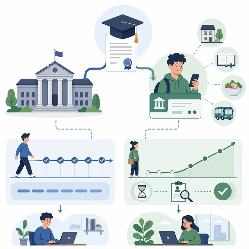 Guía de préstamo estudiantil con universidad, diploma, alumno, tarjeta, solicitud y aprobación
