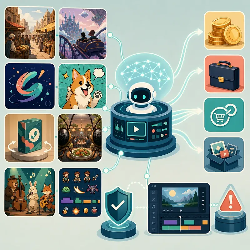AI video robot linking varied content to monetization, commerce, editing, security, and risk icons