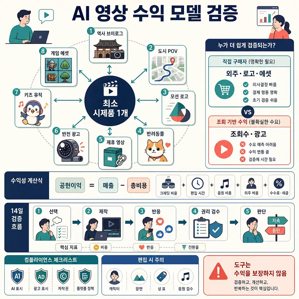 Korean infographic showing eight AI video revenue models, a profit formula, and a 14-day validation process