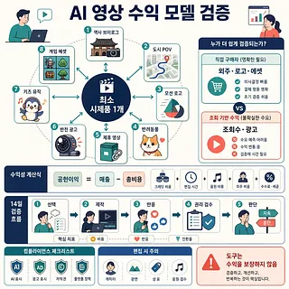 AI 영상 수익 모델 8가지와 손익 계산, 14일 검증 절차를 정리한 한국어 인포그래픽