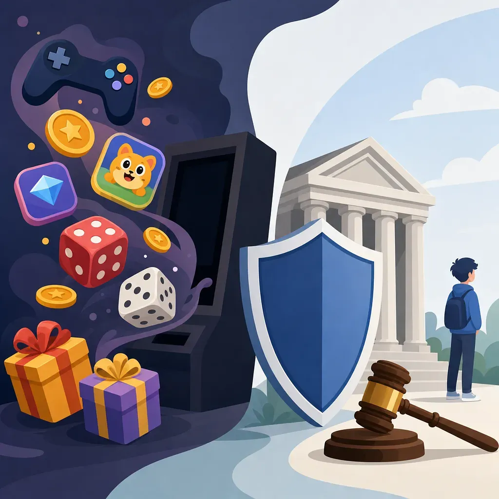 Ilustración que contrasta elementos de juegos de azar con un tribunal, escudo y mazo