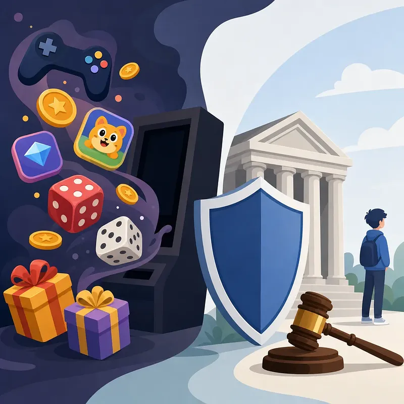 Illustration contrasting gambling game elements with a courthouse, shield, and gavel