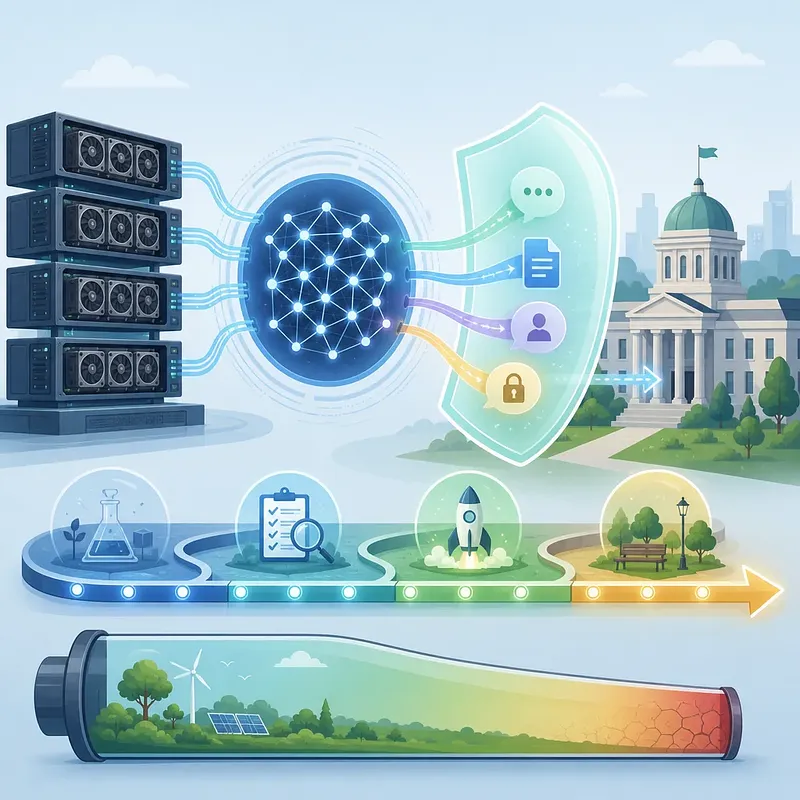 Servers, an AI network, a privacy shield, a government building, and a staged rollout