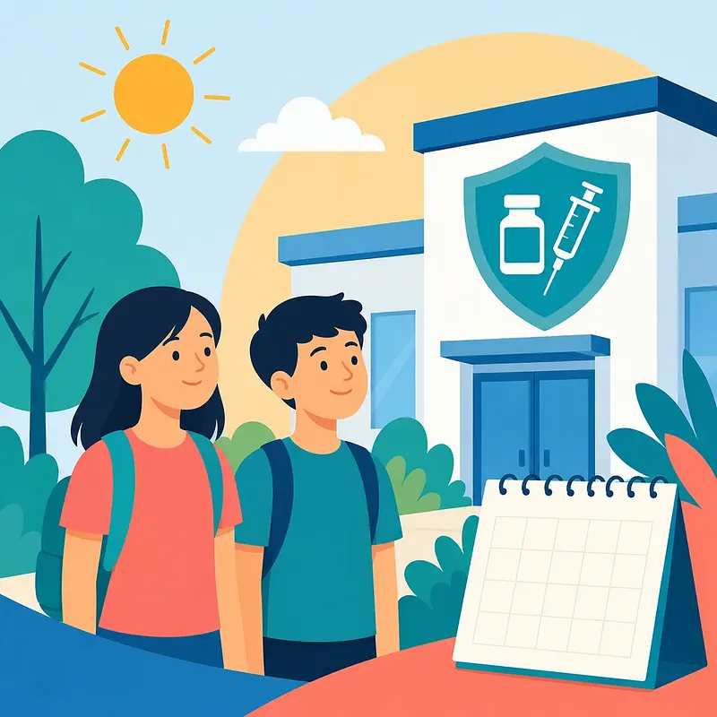 Niña y niño con mochilas frente a un centro de vacunación junto a un calendario