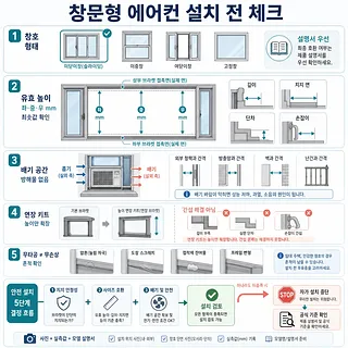 창문형 에어컨 설치 전 창호 형태, 높이, 배기 공간, 손상 여부를 확인하는 체크리스트