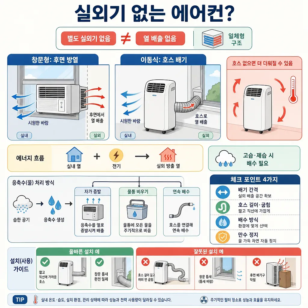 창문형·이동식 에어컨의 열 배출, 응축수 처리, 올바른 설치법을 설명하는 인포그래픽