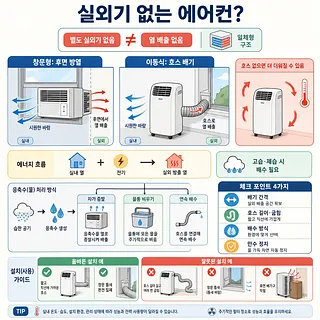 창문형·이동식 에어컨의 열 배출, 응축수 처리, 올바른 설치법을 설명하는 인포그래픽