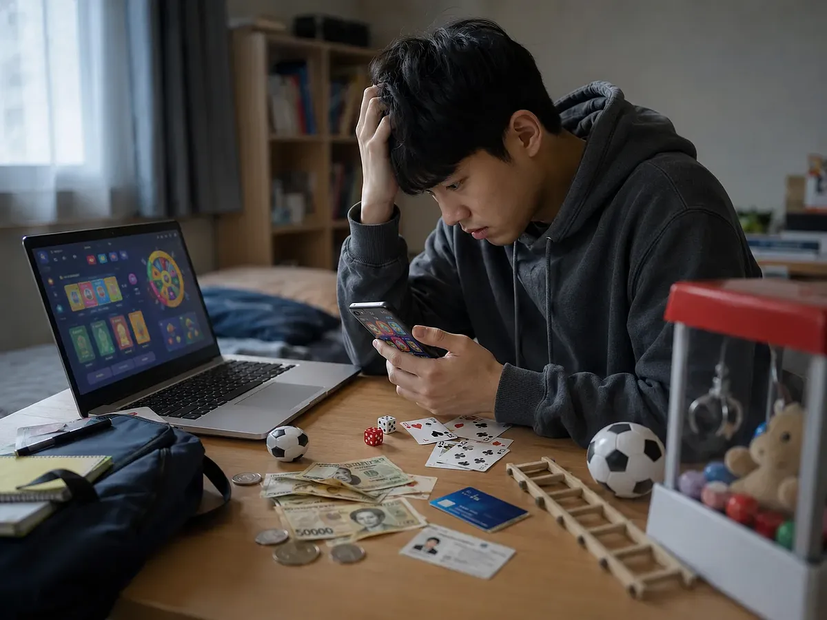 Joven preocupado ante un teléfono y portátil con dinero, tarjetas, dados y pantallas de juegos