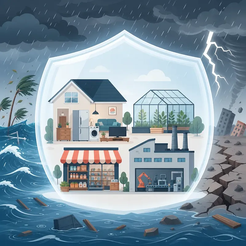 Shield protecting a home, shop and factory amid storms, flooding and earthquake damage