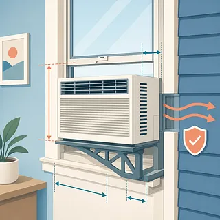 Diagrama de aire acondicionado de ventana con medidas de altura, marco y espacio de salida