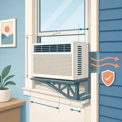 Window air conditioner diagram marking installation height, frame width, and outdoor exhaust clearance