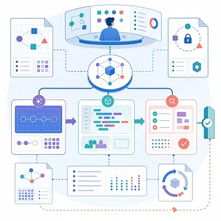 Desarrollador gestionando diseño, código, pruebas, seguridad y despliegue de agentes de IA en paneles conectados