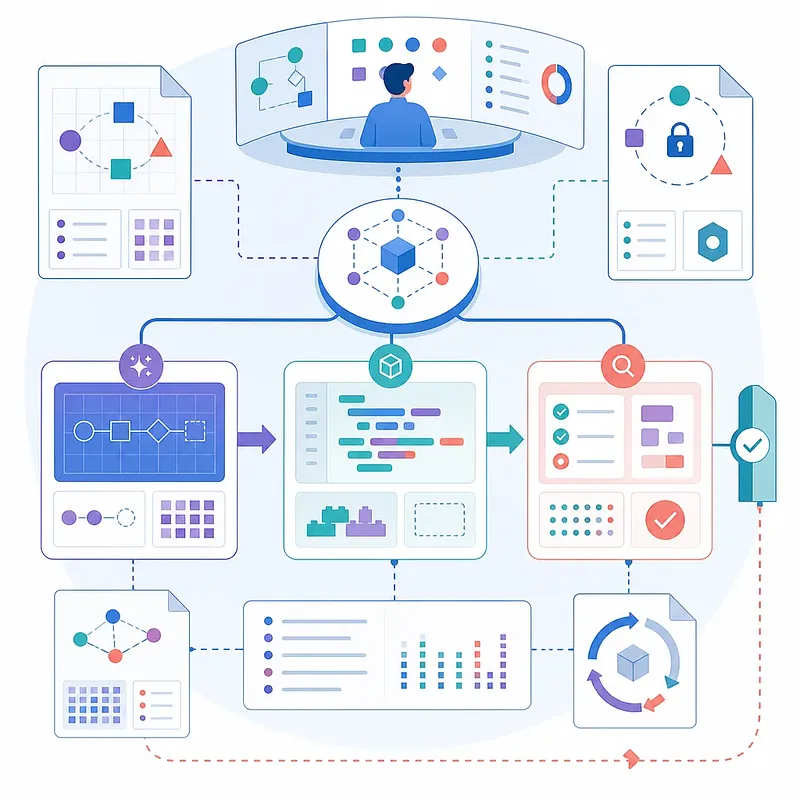 Developer managing AI agent design, coding, testing, security, and deployment across connected dashboards