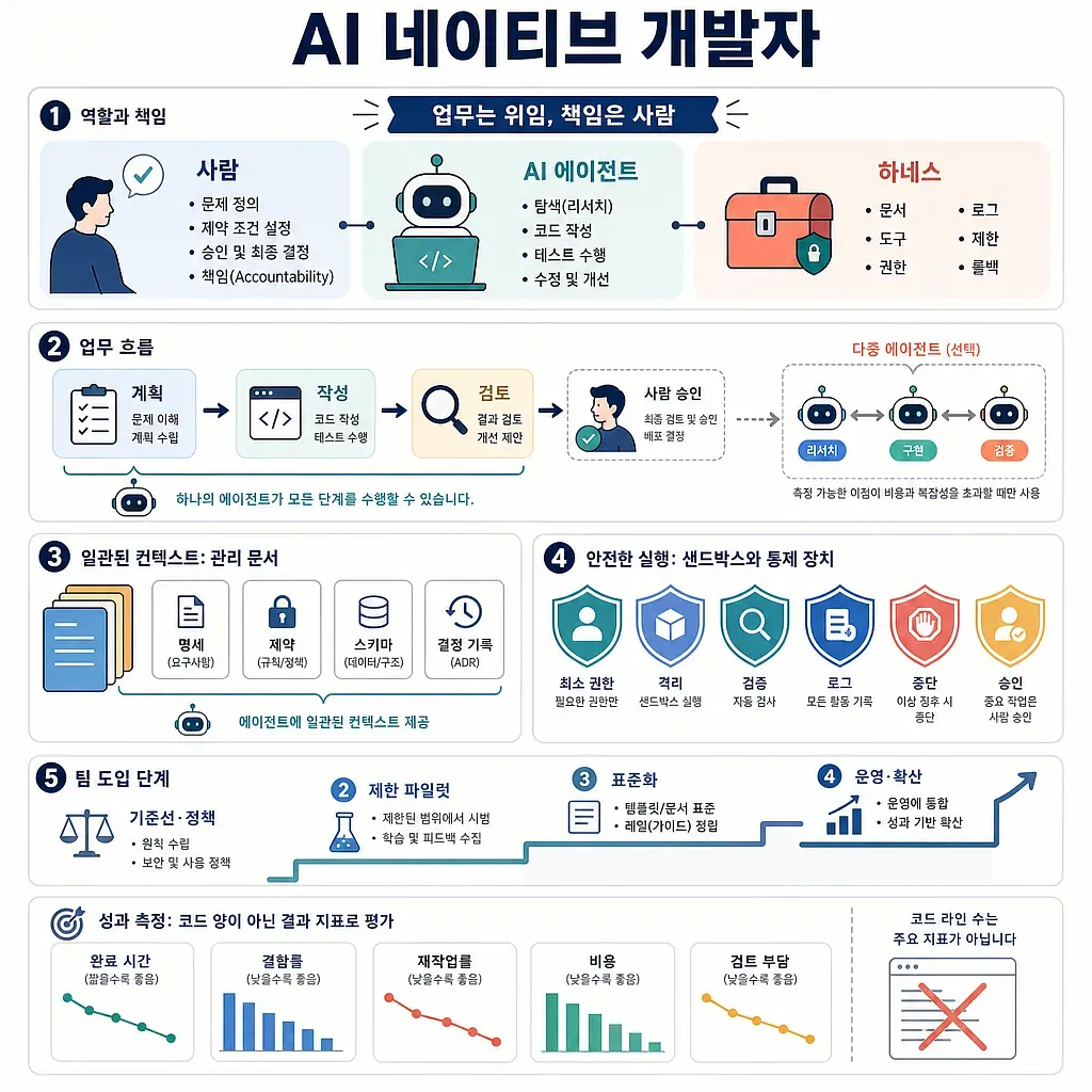 Infographic outlining AI-native developer roles, workflow, context documents, safeguards, adoption, and metrics