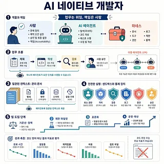 AI 네이티브 개발자의 역할, 업무 흐름, 관리 문서, 안전장치, 도입 단계와 성과 지표를 정리한 인포그래픽