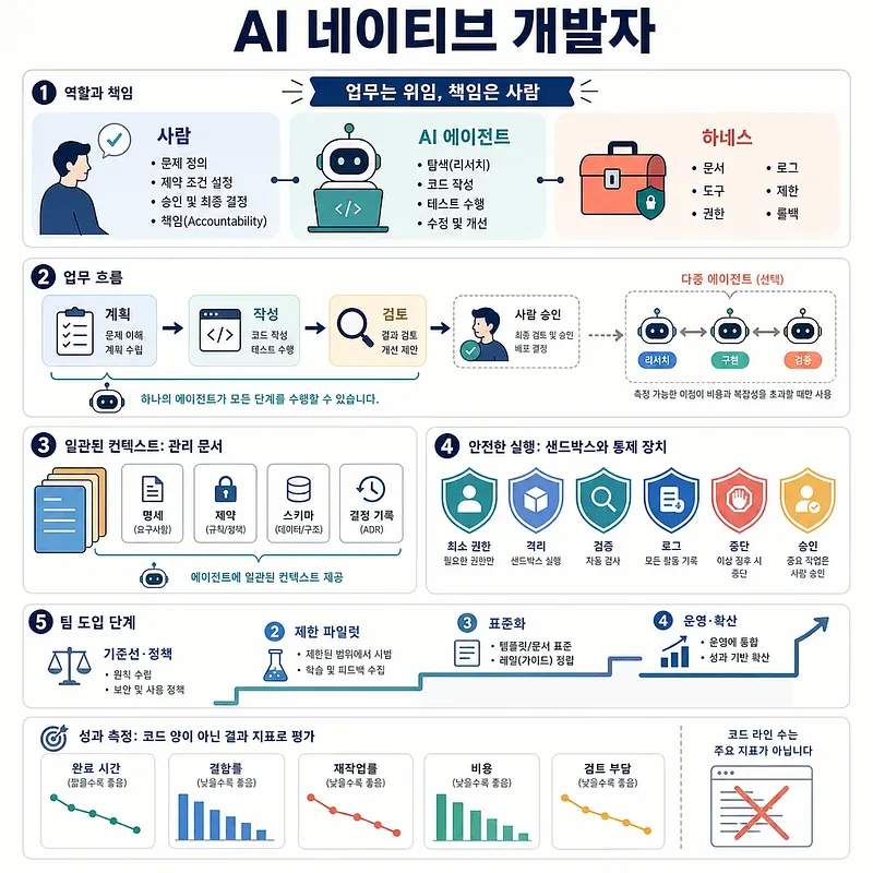 Infographic outlining AI-native developer roles, workflow, context documents, safeguards, adoption, and metrics
