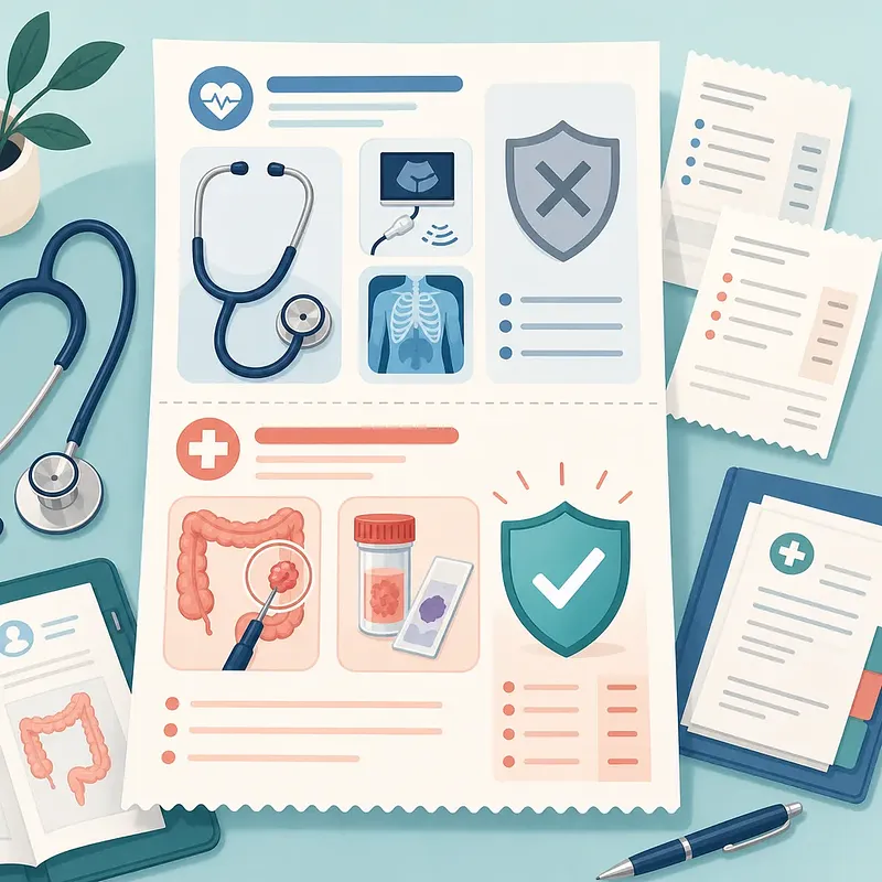 Health screening documents with a stethoscope, X-ray, test sample, and insurance shields