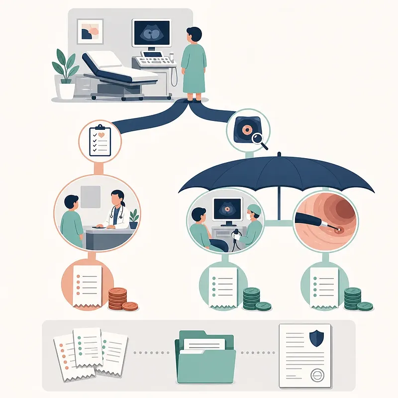 건강검진과 진료·검사 비용, 영수증, 실손보험 보장을 비교한 인포그래픽