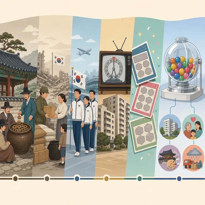 Cronología ilustrada de las loterías coreanas, desde sorteos de Joseon hasta la máquina de Lotto