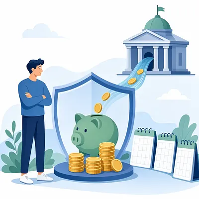 Young man with piggy bank, coins, shield, calendars, and a bank building