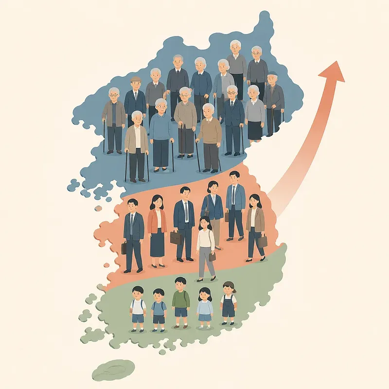 Mayores, adultos en edad laboral y niños agrupados sobre el mapa de Corea del Sur junto a una flecha ascendente
