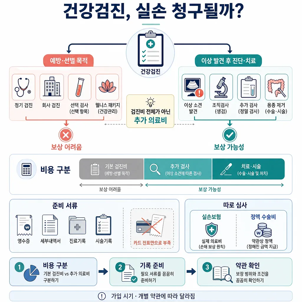 예방 목적 건강검진과 이상 발견 후 추가 진료의 실손보험 보상 가능 여부를 비교한 안내 인포그래픽