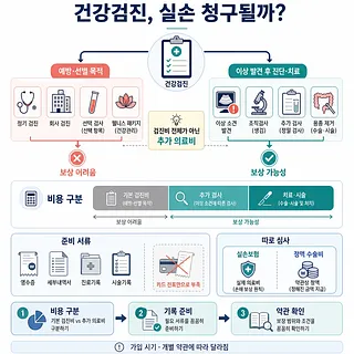 예방 목적 건강검진과 이상 발견 후 추가 진료의 실손보험 보상 가능 여부를 비교한 안내 인포그래픽