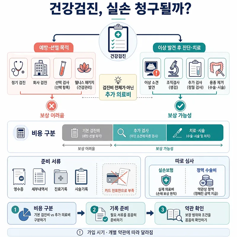 예방 목적 건강검진과 이상 발견 후 추가 진료의 실손보험 보상 가능 여부를 비교한 안내 인포그래픽