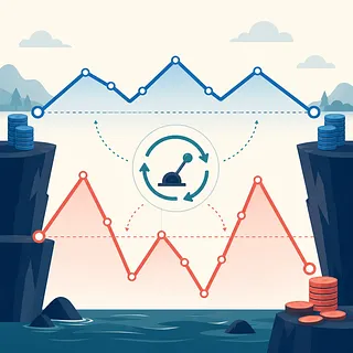 Blue and red fluctuating charts, a leverage control, and coin stacks between two cliffs