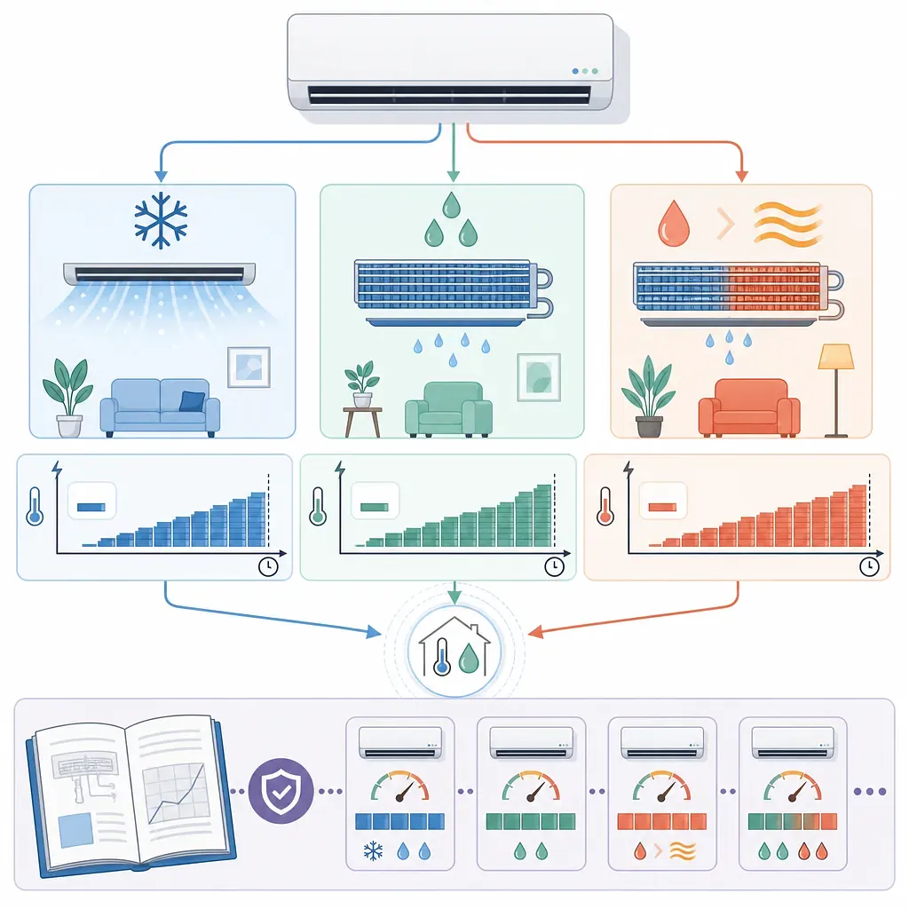 Infografía que compara refrigeración, deshumidificación y modo combinado del aire acondicionado