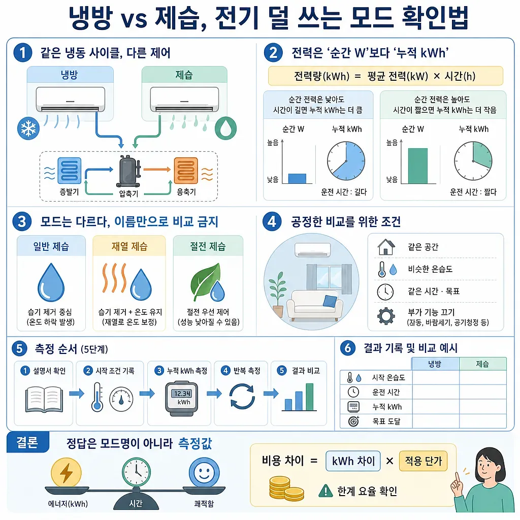 냉방과 제습의 작동 원리, 누적 전력량 비교법, 측정 절차를 설명하는 인포그래픽