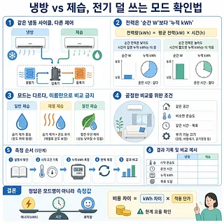 냉방과 제습의 작동 원리, 누적 전력량 비교법, 측정 절차를 설명하는 인포그래픽
