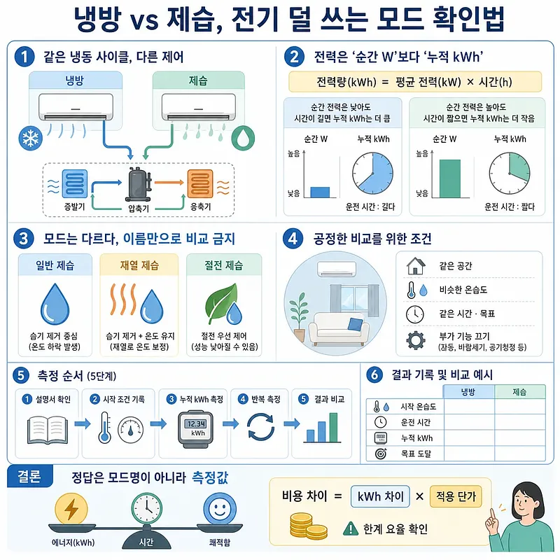 냉방과 제습의 작동 원리, 누적 전력량 비교법, 측정 절차를 설명하는 인포그래픽