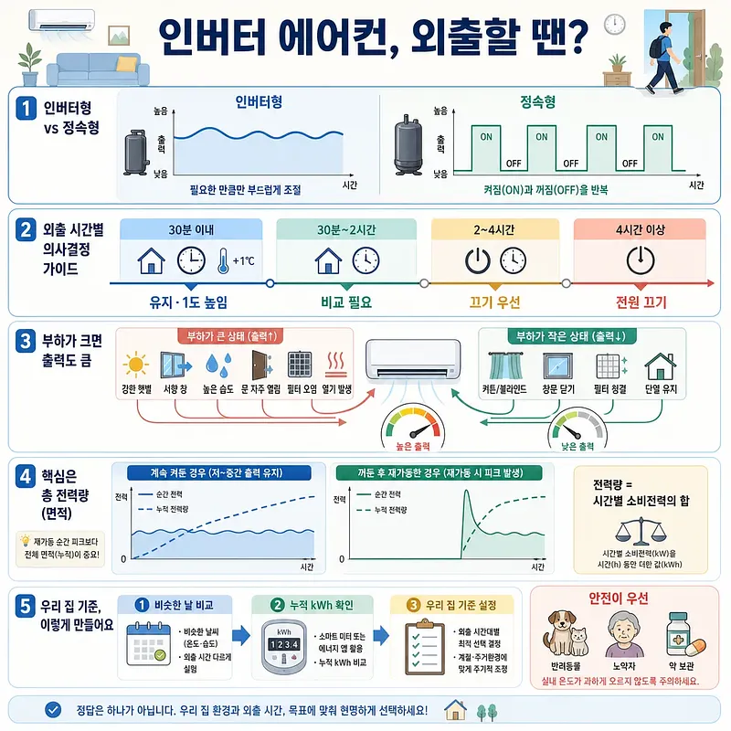 인버터와 정속형 에어컨의 작동 방식, 외출 시간별 운전 기준과 전력 소비를 비교한 인포그래픽