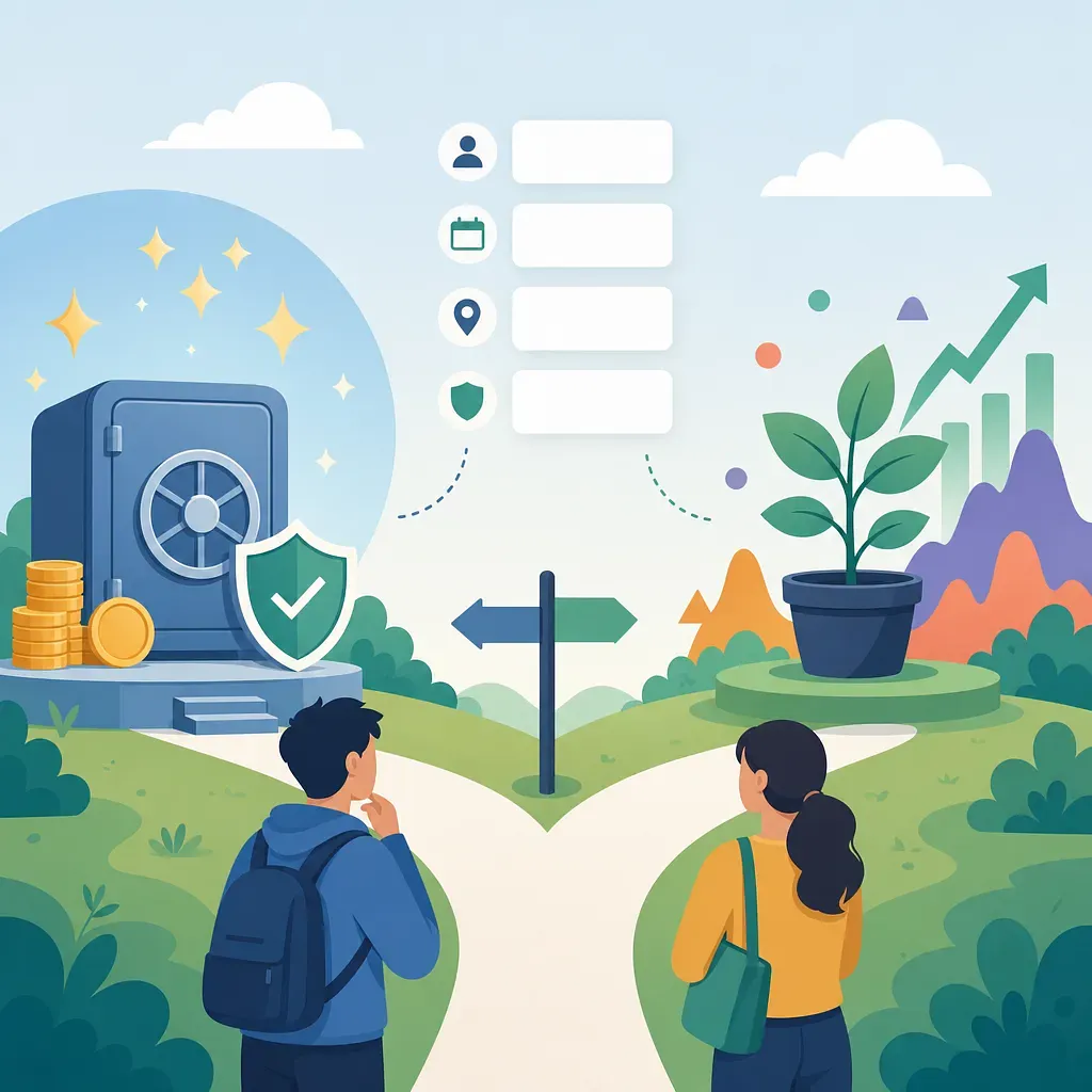 Young people at a fork with a safe, checklist, plant, and rising chart