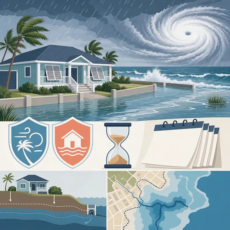 Casa costera inundada bajo un huracán, con escudos de seguro, reloj de arena, calendario y mapas