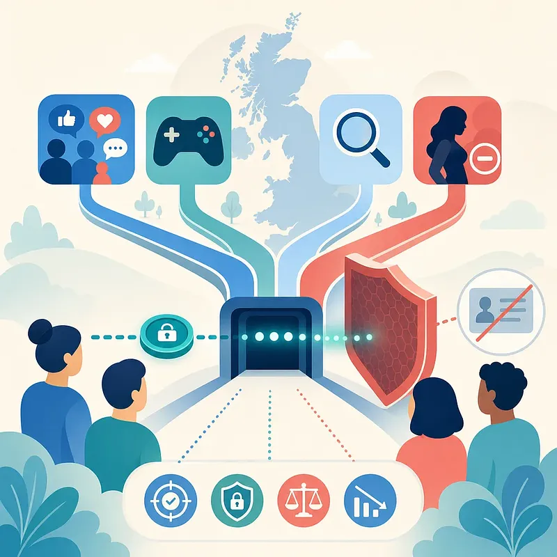 Candado y escudo protegen rutas a redes sociales, juegos, búsquedas y contenido adulto ante un mapa británico