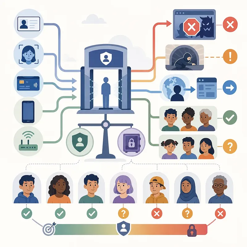 Diagrama de controles de identidad, rostro, tarjeta y dispositivo para permitir o bloquear contenido en línea