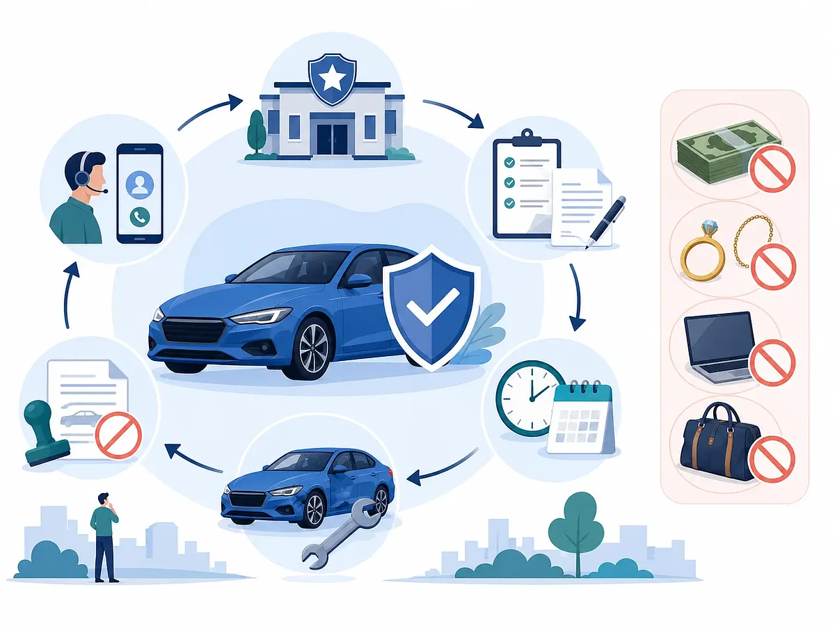 Blue car with shield, bank, documents, support, calendar, repair, and prohibited valuables