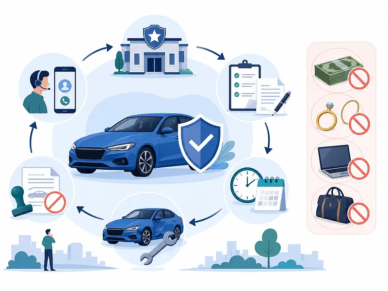 Coche azul con escudo, banco, documentos, asistencia, calendario, reparación y objetos prohibidos