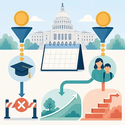U.S. Capitol, coins, calendar, graduation cap, family, and paths symbolizing student loan changes